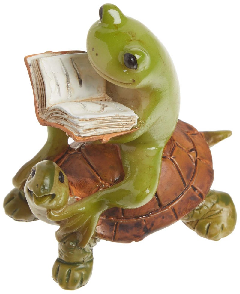 Top Collection Miniature Fairy Garden & Terrarium Frog Reading Book on Turtle Statue, Small, Green, Orange - Image 3
